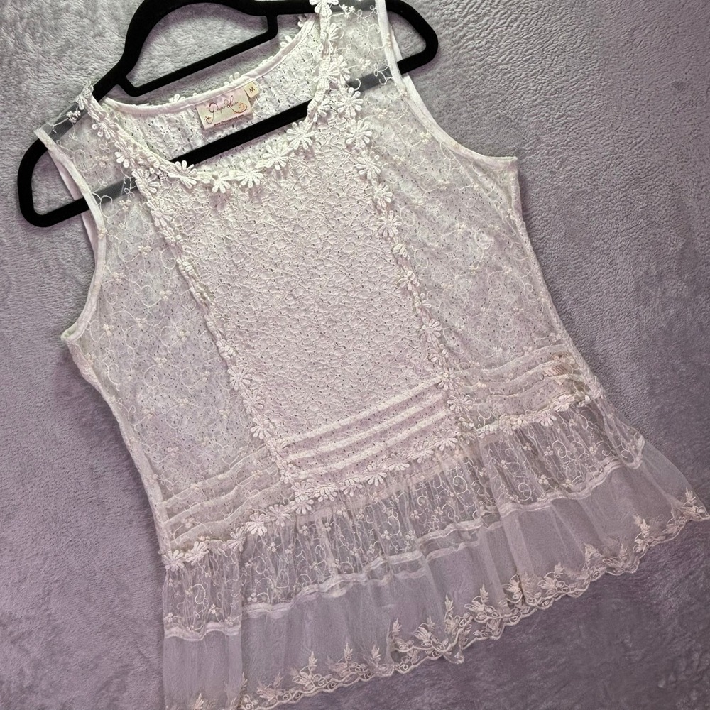 Paper Lace Womens Tank Top Size M White Sheer Floral Lace Tiered Boho Sleeveless